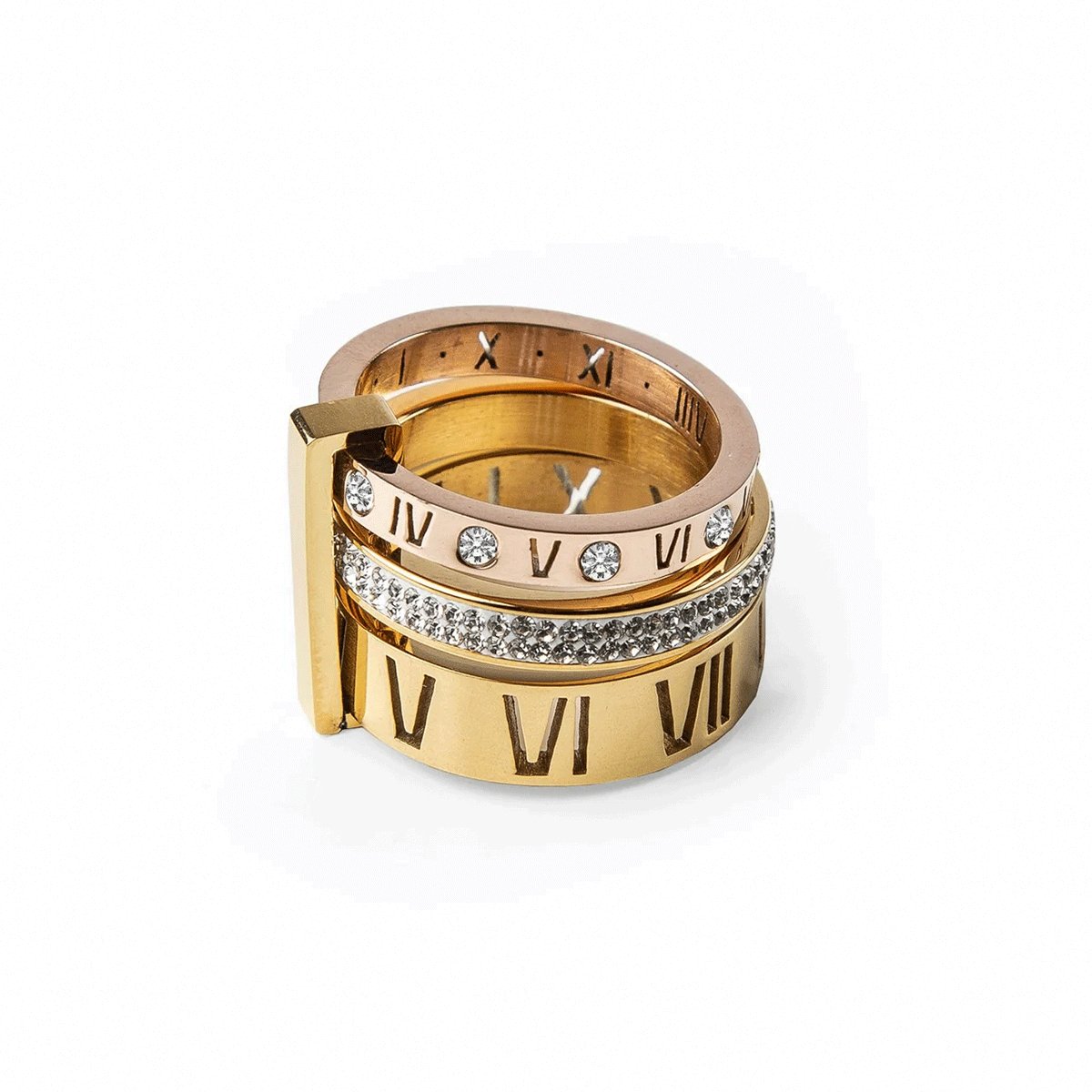 Anillo Aro Triplo Algarismo Romano Bañado en Oro 18K