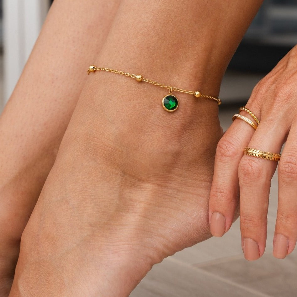 Tobillera Esmeralda Colgante Bañado en Oro 18K