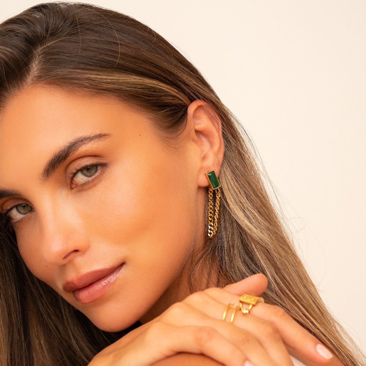 Aro Cadena Elisabeth Zirconia Esmeralda Bañado en Oro 18K