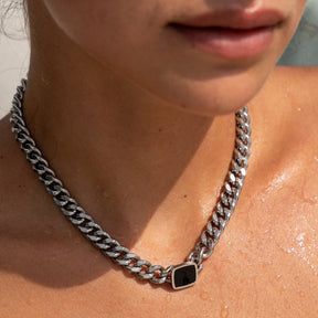 Collar Cadena Piedra Onix Quadrada - Plata