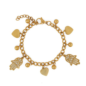 Pulsera Elos Colgante  Corazón e Hamsá Bañada en Oro 18K